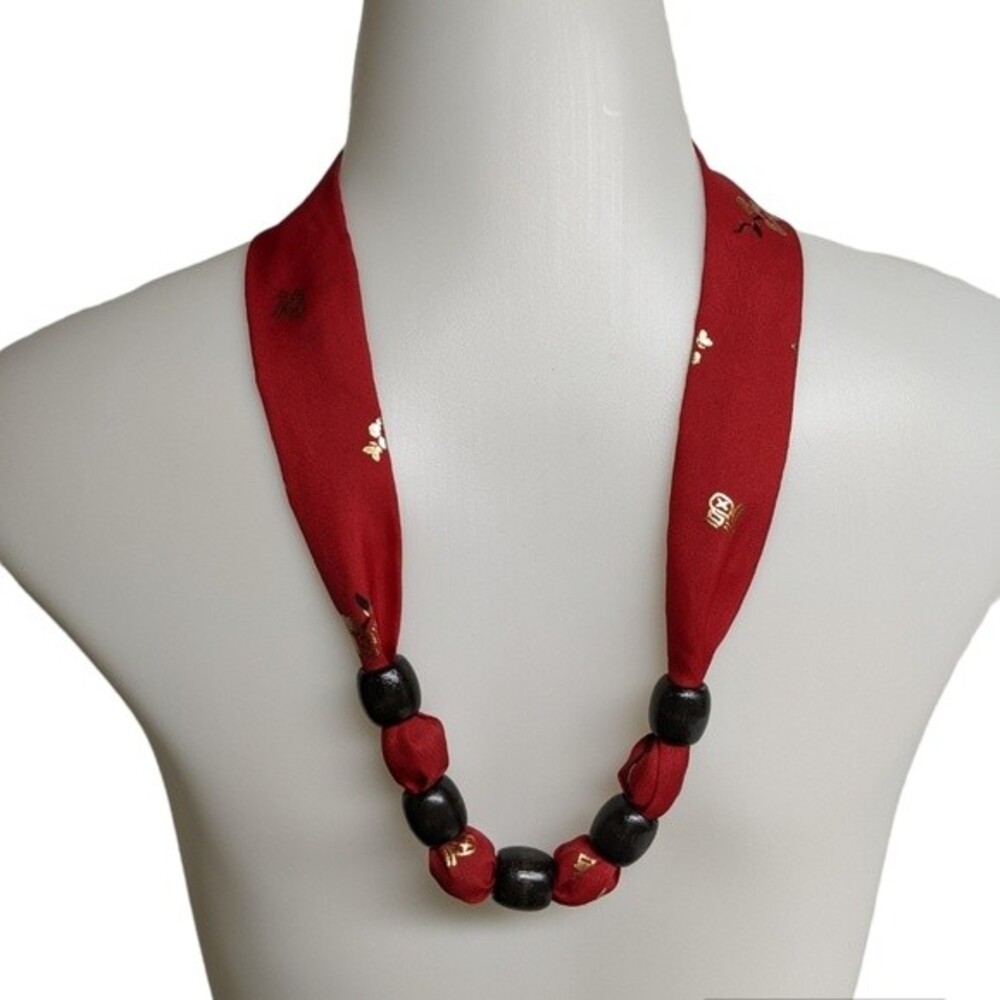 Ribbon & Wood Beads Asian Theme Necklace / Choker
